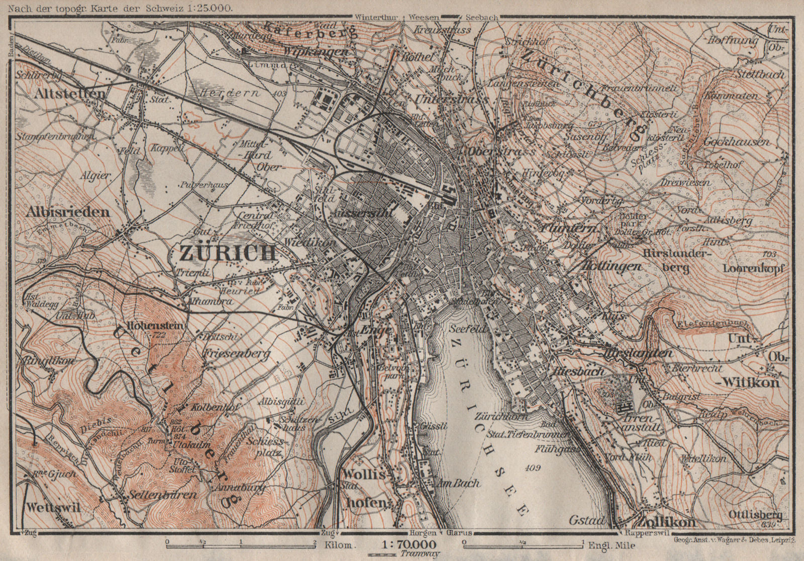 ZÜRICH ENVIRONS. Zurich. Switzerland Suisse Schweiz carte karte 1905 old map